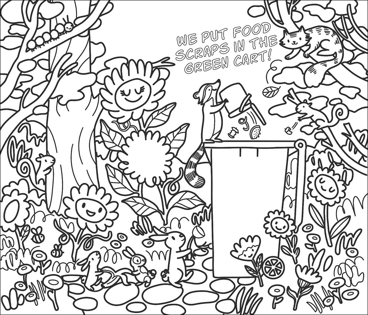 A coloring page features outlined woodland creatures, trees and flowers smiling with a raccoon putting food scraps into the green compost bin.