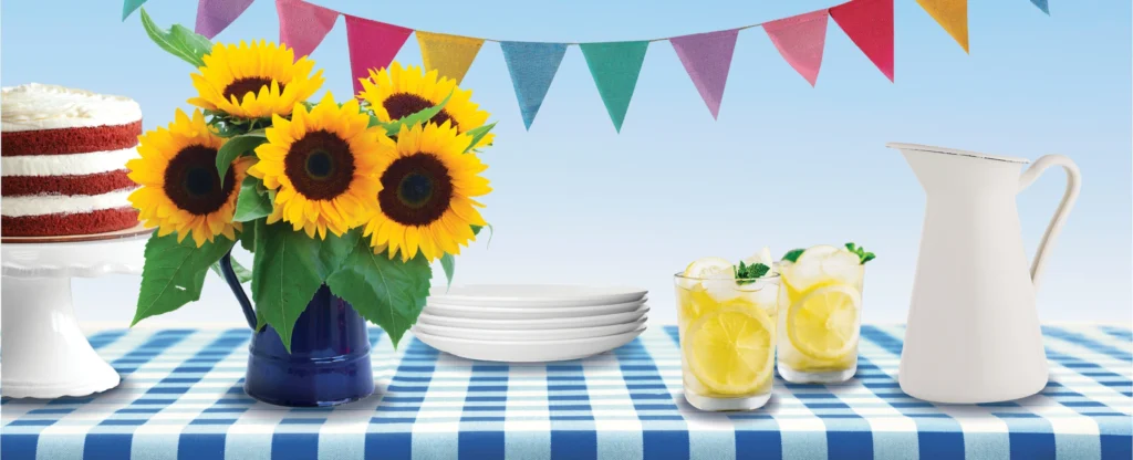 A banner of flags rotating in purple, pink, red, yellow, blue and green colors hangs above a table top with a chocolate cake, sunflowers in a vase, a stack of white plates, two glasses of lemonade and a pitcher of lemonade all displayed on a blue and white checkered tablecloth.