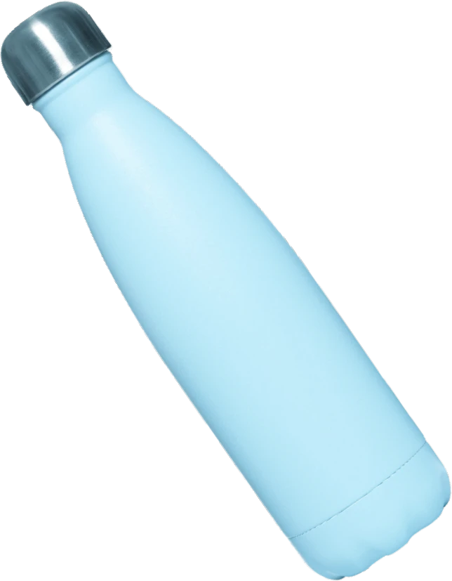 A light blue reusable water bottle