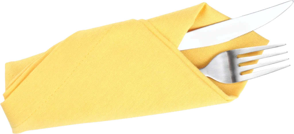 A fork and a spoon wrapped in a yellow cloth napkin.